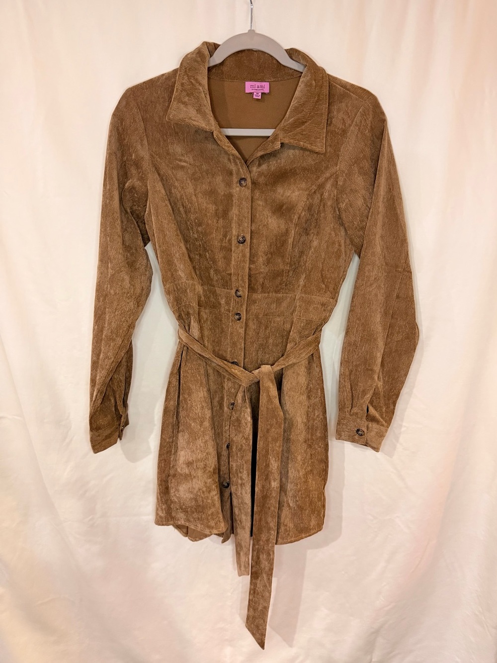 miami Brown Suede Button-Front Long Sleeve Dress with Tie Waist